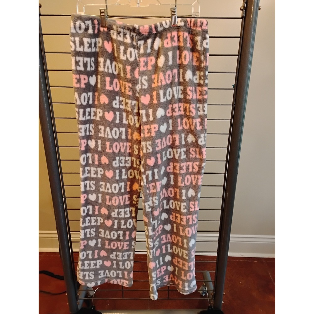 Just Be I Love Sleep Fleece Pajama Pants Grey Pink Hearts Large